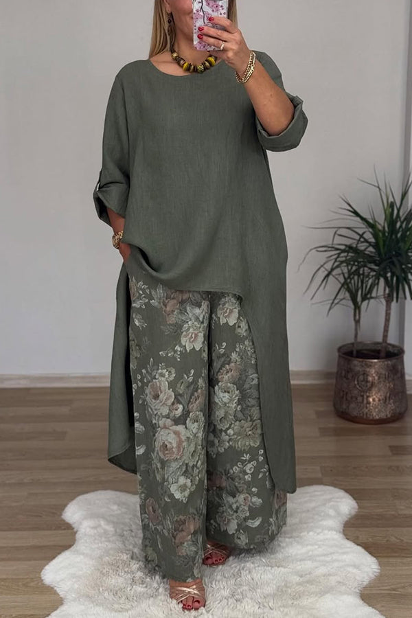 Linen Blend Crew Neck Long Sleeve Irregular Loose Top and Elastic Waist Floral Print Casual Pocket Set