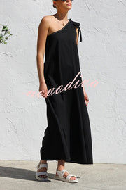 Solid Color One-shoulder Strappy Elegant Sloping Collar Loose Maxi Dress