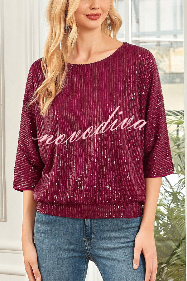 Solid Color Sequined Loose Round Neck Casual Top