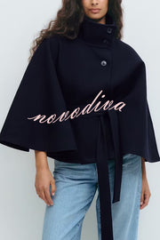 Fashionable Stand Collar Button Waist Tie Loose Cape