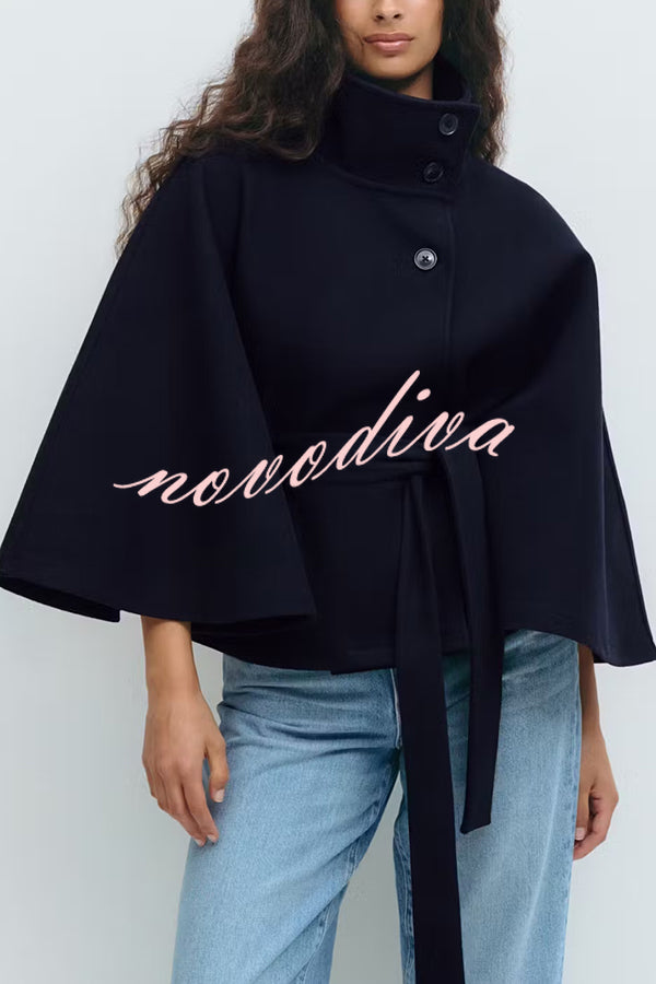 Fashionable Stand Collar Button Waist Tie Loose Cape
