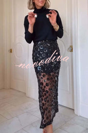 Gorgeous Flower Embellished Sequin Sheer High Rise Slit Midi Skirt