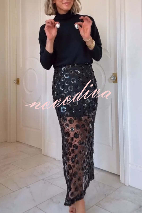 Gorgeous Flower Embellished Sequin Sheer High Rise Slit Midi Skirt