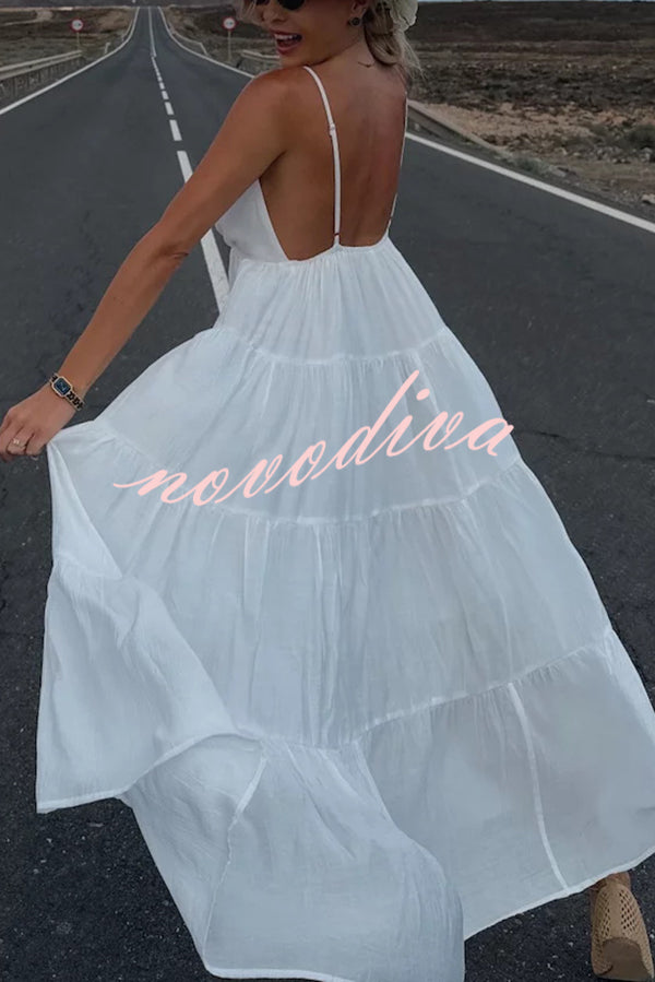Bohemian Style V-neck Backless Slip Layered Vacation Maxi Dress