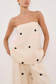 Linen Blend Polka Dot Bandeau Top and Elastic Waist Pocket Wide Leg Pants Set