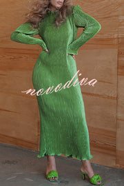 Hansin Satin Pleated Fabric Long Sleeve Wavy Trim H-line Slit Midi Dress