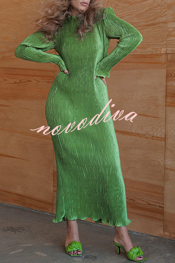 Hansin Satin Pleated Fabric Long Sleeve Wavy Trim H-line Slit Midi Dress
