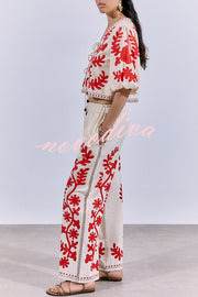 Till Sunset Linen Blend Unique Print Elastic Waist Pocket Wide Leg Pants