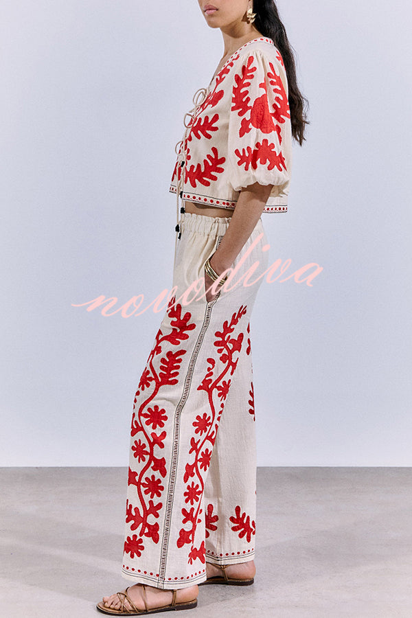 Till Sunset Linen Blend Unique Print Elastic Waist Pocket Wide Leg Pants