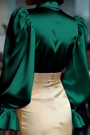 Solid Color Satin Puff Sleeve Casual Button-down Shirt