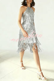 Sexy Sleeveless Halter Neck Tassel Sequin Mini Dress