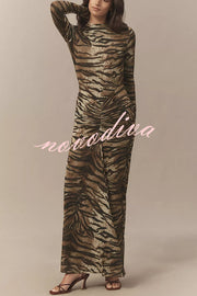 Winston Animal Print High-neck Long Sleeve Ruched Hip Stretch Maxi Dress