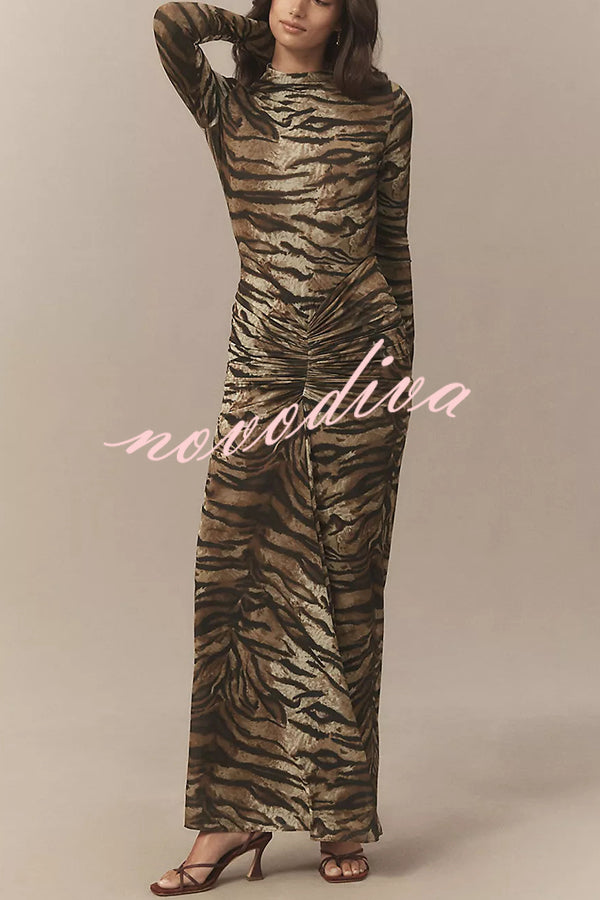 Winston Animal Print High-neck Long Sleeve Ruched Hip Stretch Maxi Dress