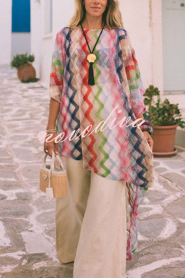 Sun Washed Knit Colorful Zigzag Pattern Asymmetric Hem Loose Cover-ups Kaftan