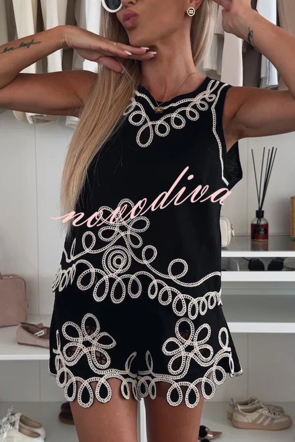 Angie Embroidery Cut-out Sleeveless Top and Elastic Waist Loose Shorts Set