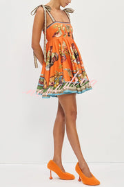 Linen Blend Unique Print Suspender Tie Casual Mini Dress