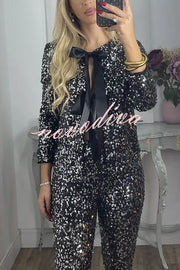 Holiday Cheer Sequin Tie-front Satin Bow Long Sleeve Jacket