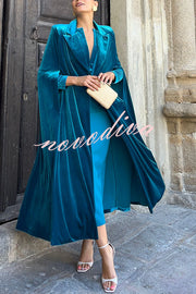 Olivienne Luxurious Velvet Padded Shoulders Slit Sleeve Lapel Midi Cape