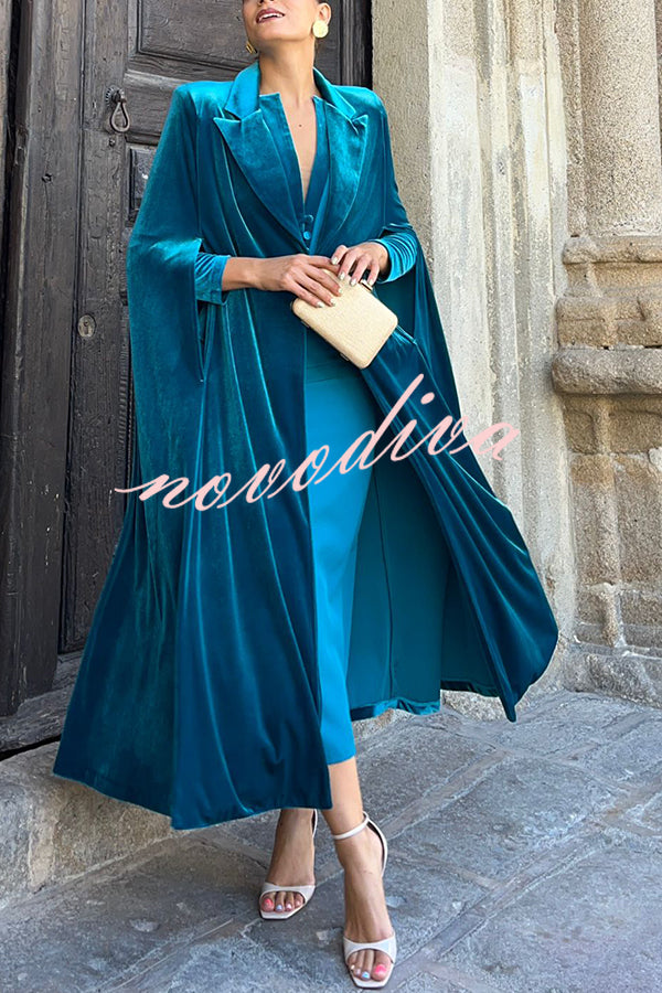 Olivienne Luxurious Velvet Padded Shoulders Slit Sleeve Lapel Midi Cape