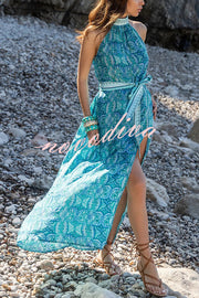 Unique Print Sexy Off-the-shoulder Waist Tie Slit Holiday Midi Dresses