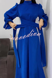 Solid Color Ruffled Sleeves Waisted Tie Slim Fit Maxi Dress