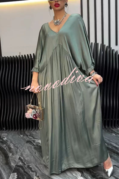 Satin Solid Color V-neck Lotus Leaf Sleeve Loose Pleated Maxi Dress