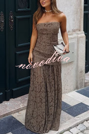 Sepia Kiss Floral Lace Off Shoulder Flowing Hem Maxi Dress