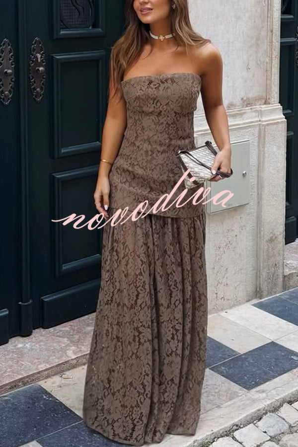 Sepia Kiss Floral Lace Off Shoulder Flowing Hem Maxi Dress