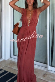 Resort Style V-neck Tie Pleated Casual Jumpsuit