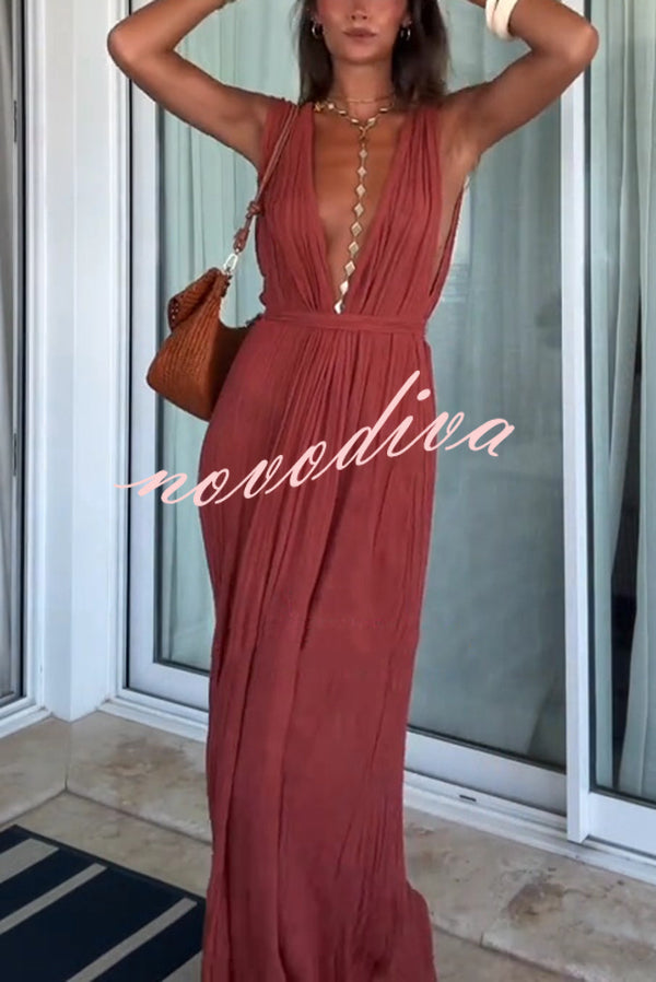 Resort Style V-neck Tie Pleated Casual Jumpsuit