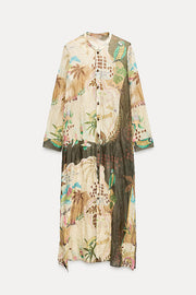 Cayla Linen Blend Unique Print Button Long Sleeve Shirt Midi Dress