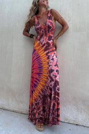 Boho Happiness Tie-dye Print Back Lace-up Stretch Maxi Dress