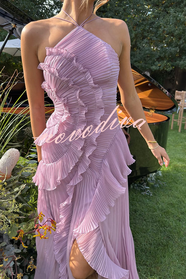 Dream Ode Lily Pad Style Pleats and Ruffles Halter Gown Maxi Dress