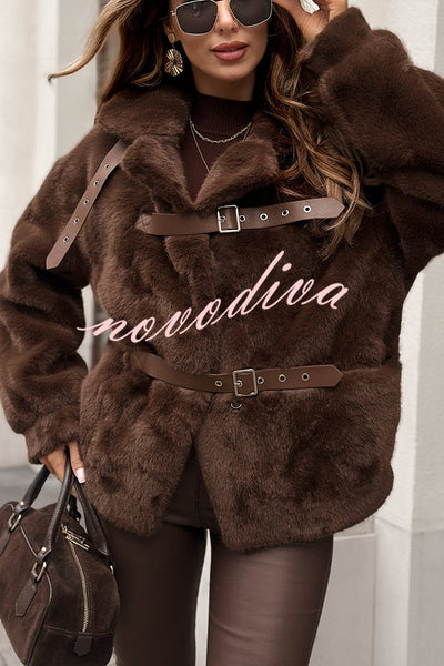 Chill Whispers Belt Buckle Design Long Sleeve Pocket Lapel Plush Coat