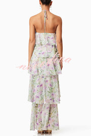 Cocktail Party Sheer Floral Georgette Halter Flowy Tiered Maxi Dress