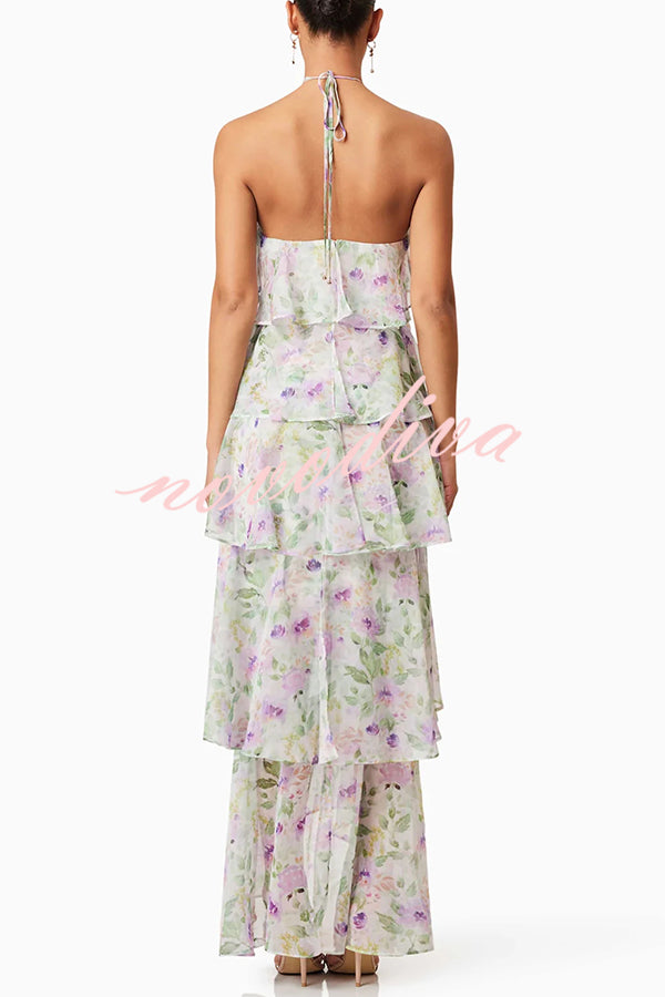 Cocktail Party Sheer Floral Georgette Halter Flowy Tiered Maxi Dress