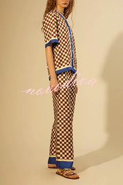 Olivia Satin Checkerboard Colorblock Print Shirt and Elastic Waist Pocketed Loose Pants Set