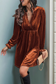 Solid Color Velvet V-Neck Long Sleeve Loose Mini Dress