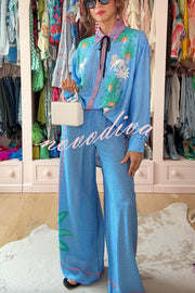 Sunday Breeze Satin Floral Unique Print Elastic Waist Pocket Wide Leg Pants