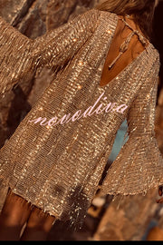 Flowing Shimmer Sequin Tassel Fabric Bell Sleeve Back Tie-up Loose Mini Dress