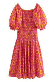 Venita Unique Printed Off Shoulder Balloon Sleeve Smocked Midi Dress