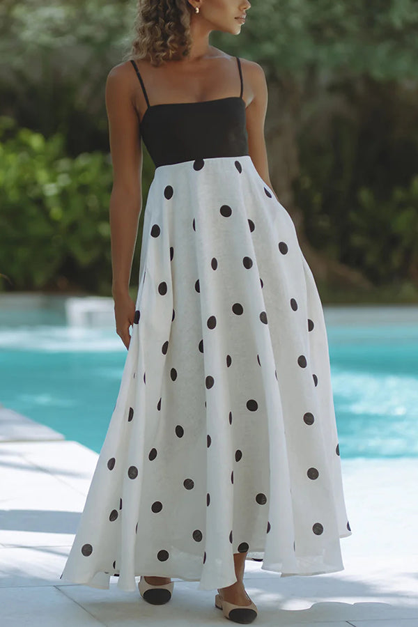Alias Linen Blend Polka Dot Colorblock Back Smocked Pocket Slip Maxi Dress