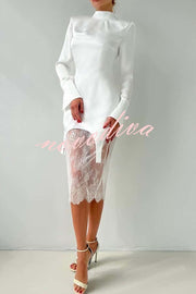 Melissa Satin High Neck Long Sleeve Curved Hem Top and Lace Midi Skirt Set