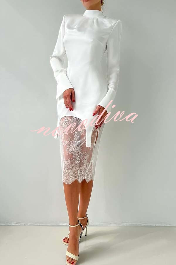 Melissa Satin High Neck Long Sleeve Curved Hem Top and Lace Midi Skirt Set