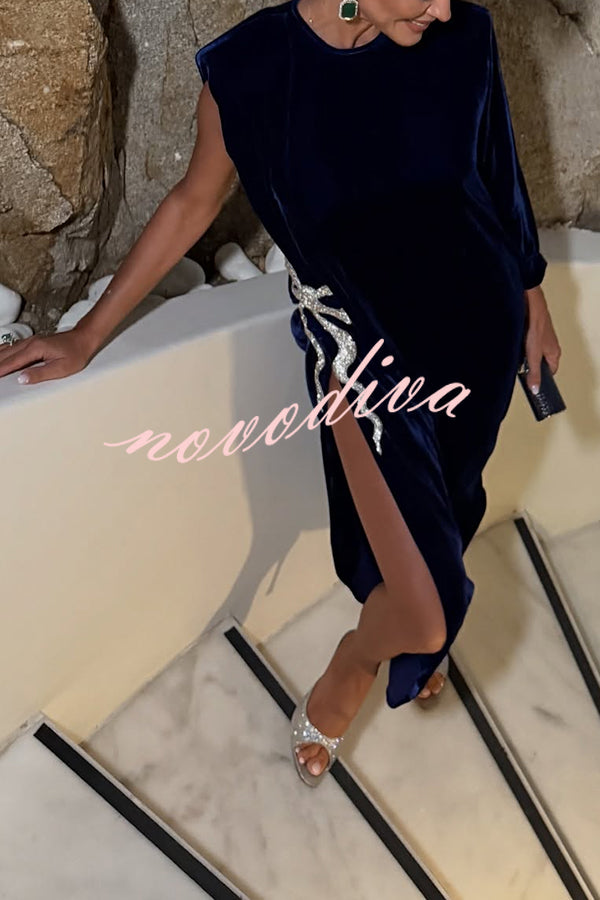 Shaya Velvet Asymmetrical Silhouette One Sleeve Shiny Bow Design Slit Maxi Dress