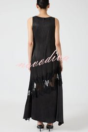 Pretty Soul Satin Lace Trim Wide Neck Irregular Hem Slit Maxi Dress