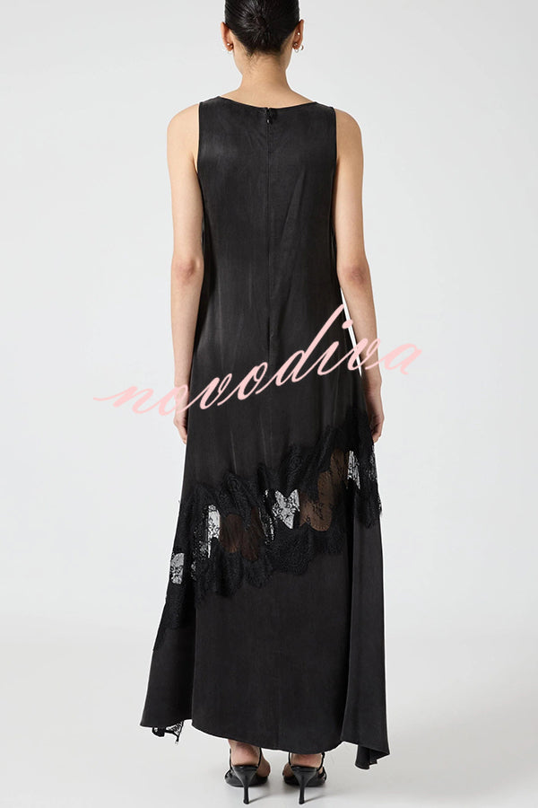 Pretty Soul Satin Lace Trim Wide Neck Irregular Hem Slit Maxi Dress