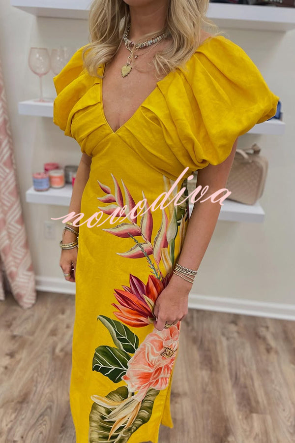 Plant Print V-neck Open Back Holiday Style Slit Midi Dress