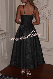 Palace Style Jacquard Fabric Backless Tie Slim Midi Dress