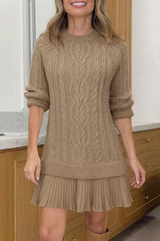 Delphine Knit Cable Textured Long Sleeve Pleated Chiffon Hem Sweater Mini Dress